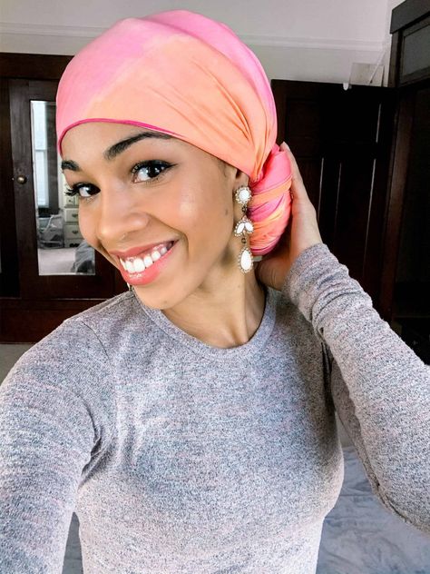 Pink Headwrap styled tied at the back | MelaninHaircare | Black Blogger Melanin Haircare, Satin Head Wrap, Lace Headwrap, Pink Headwrap, Tie A Scarf, Headwrap Tutorial, Wear A Scarf, Head Wrap Styles, Barefoot Blonde