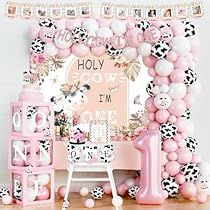 Pink Cowprint Birthday Party, Holly Cow Im One Party, Cute First Birthday Themes, First Birthday Cow Theme, Cow Themed Birthday Party, Holy Cow Im One, Pink Barnyard Party, Backdrop Balloon Garland, Party Decorations Backdrop