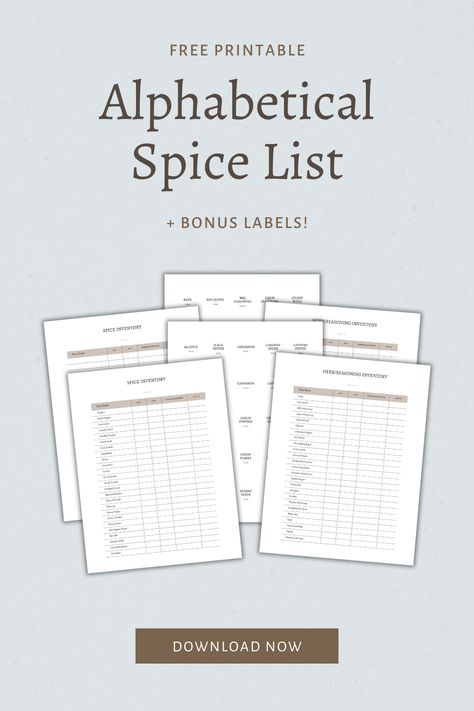 alphabetical spice list printable Spices List Printable, Spice List Printable, Spice Inventory Printable Free, Editable Labels Free, Spice List, Jamaican Seasoning, Spice Cabinet Organization, Pie Spice Recipe, Herb Labels