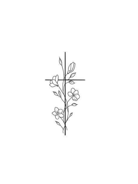 May Birth Flower Tattoo With Cross, Cross On Neck Tattoo For Women, Cross Birth Flower Tattoo, Pretty Cross Drawing, Cross With Tulips Tattoo, Cross With Birth Flowers Tattoo, Cross Wrapped In Flowers Tattoo, Small Cross With Flowers Tattoo, Cross Flowers Tattoo