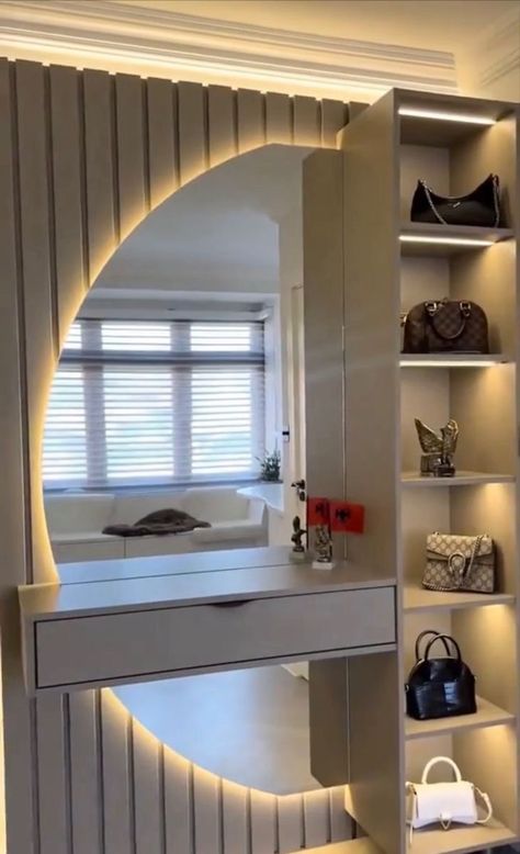 Dressing Table With Jewelry Storage, Vanity With Shelves On Side, Drasing Table Design Beautiful, Dressing Table Ideas With Storage, Side Tables Bedroom Aesthetic, Dressing Mirror With Storage, Vanity Table Aesthetic, Dressing Table Design Bedrooms, Rotating Shelves