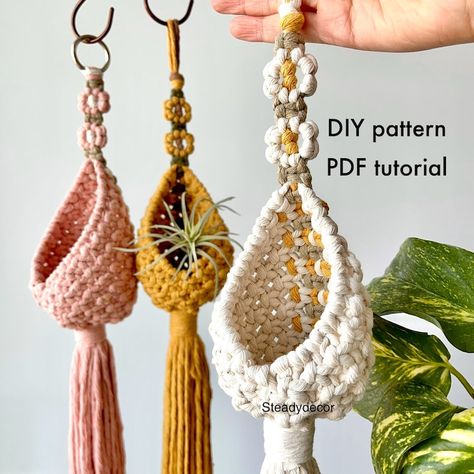 DIY Flower Pattern Macrame Pod Pdf Tutorial, Boho Daisy Air Plant Hanger, Floral Cute Hanging Basket, Small Storage, Instant Download - Etsy Macrame Pod, Hanging Baskets Diy, Hanging Basket Storage, Air Plant Hanger, Fleurs Diy, Witch Craft, Cool Wall Decor, Small Basket, Basket Storage