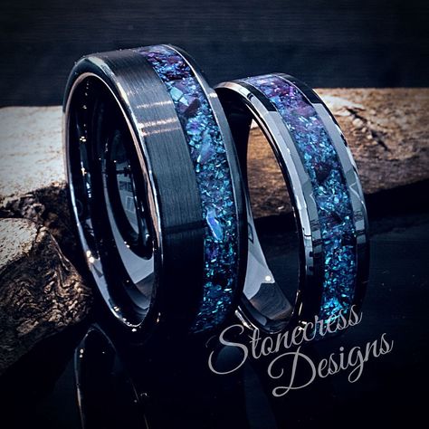 Matching Marriage Rings, His Her Wedding Rings Matching Set, Wedding Engagement Ring Set, Matching Rings For Couples Black, Wedding Rings Sets His And Hers Black, Blue And Purple Wedding Rings, Masc Lesbian Wedding Ring, His And Hers Rings Wedding, Black And Blue Wedding Rings