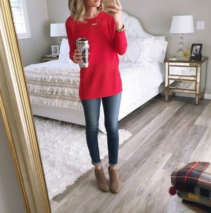 50 Gorgeous Red Dress Outfit For Valentines Day Tunic Sweater Outfits, Red Sweater Outfit, Jeans Outfit For Work, Cozy Outfits, Jeans Outfit Women, Red Dress Outfit, Sweaters And Jeans, Wearing Red, Boots Outfit