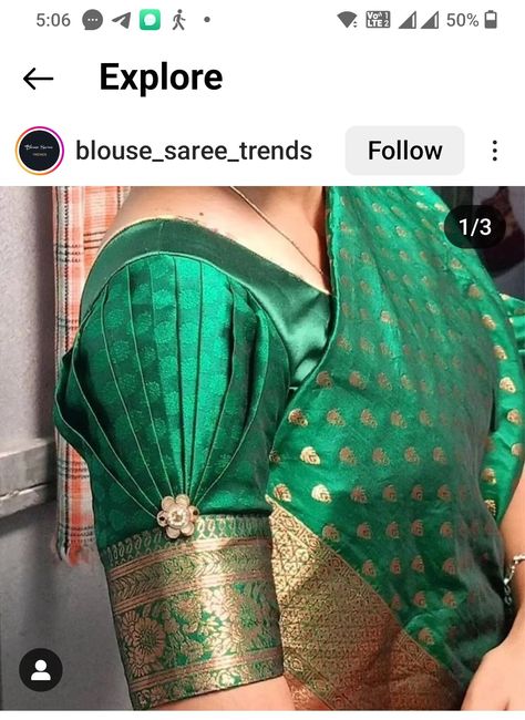 Buff Sleeve Saree Blouse, Katpadar Saree Blouse Design, Boat Neck Blouse Designs Latest Back, Half Saree Designs South Indian, Half Sleeve Blouse Designs, Modern Sarees, Latest Blouse Neck Designs, Green Blouse Designs, Pattern Blouses