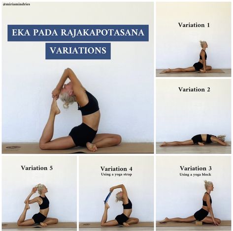 Eka Pada Rajakapotasana variations One Leg Pigeon Pose, Complex Yoga Poses, Pigeon Pose Variation, Yoga Pigeon Pose, Difficult Yoga Poses, King Pigeon Pose, Yoga Backbend, Yoga Goals, King Pigeon