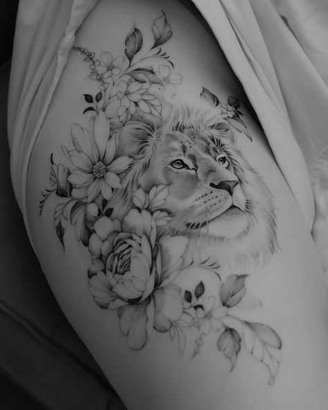 Tritoan Ly on Instagram: “Fun lion amongst flowers. 🦁🌸🌿 Thanks for flying in from England! Done at @pardonparis” Lion And Flowers Tattoo For Women, Lion Half Sleeve Tattoos For Women, Female Lion Tattoo For Women Sleeve, Lioness Tattoo For Women Thighs, Lion With Flowers Tattoo For Women, Floral Lion Tattoo For Women, Lion Rib Tattoo, Christian Lion Tattoo For Women, Female Lion Tattoo Design