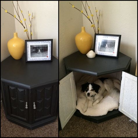 Nailed it! Octagon side table dog nook. Pet furniture. Side Table Pet Bed, Octagon Table Dog Bed, Refurbished Octagon End Table, Octagon Side Table Makeover, Octagon Table Makeover, Octagon End Table Makeover, Hexagon Side Table Makeover, Hexagon Table Makeover, Repurposed Side Table