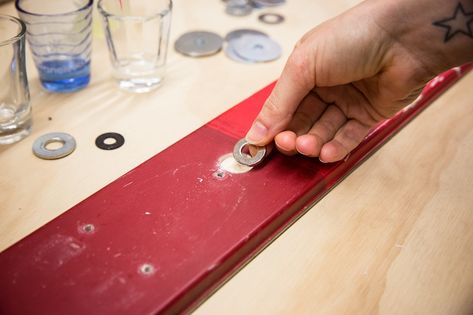 How to Make a Shot Ski (and Other Uses for Old Skis) | REI Co-op Journal Make A Shotski, Shotski Design Ideas Diy, Diy Shot Ski, Shot Ski Design Ideas, Shotski Design Ideas, Mask Draw, Boot Bottle Opener, Ski Ideas, College Crafts