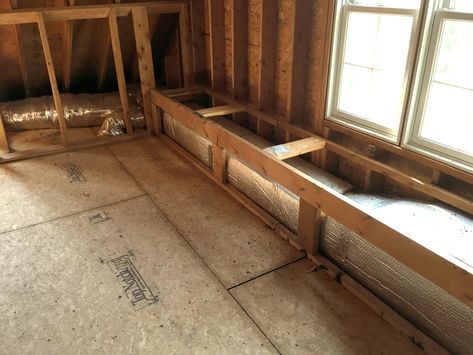 Bench frame over ductwork Attic Design, Duct Work, Fingers Crossed, House Inspiration, Storage Bench, New House, Bench, New Homes, Garage