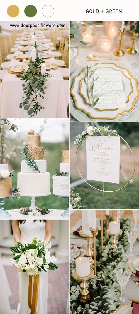 Green And Gold Wedding Theme, Gold And Green Wedding, Green Wedding Decor, Green Gold Weddings, Wedding Color Combinations, Gold Wedding Colors, Wedding Color Combos, Green Themed Wedding, Pearl Flowers