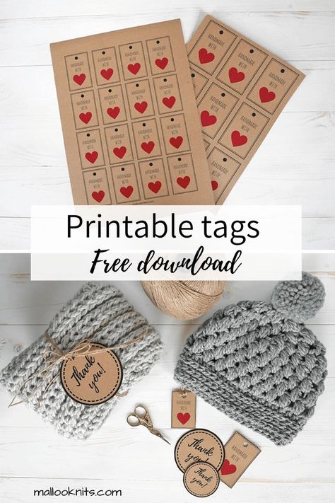 Download now these free printable tags for your handmade crochet or knit items. Ideal to use at craft fairs or gift giving. You can print them on the paper of your choice, cut and apply for a professional result! Free Printable Labels For Handmade Items, Packaging For Crochet Items, Handmade Tags Printable Free, Sunflower Granny Square Pattern, Gift Tag Template Free, Crochet Tags, Tags For Handmade Items, Craft Labels, Tag Template Free