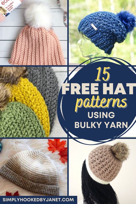 Here is a collection roundup of all free crochet hat patterns that use either bulky or super bulky weight yarn. Here you will find Easy and Intermediate patterns that you can make to sell at craft shows or to donate or to make as gifts. | #crochethat #crochetbeanie #freecrochetpattern Super Bulky Yarn Patterns Crochet, Free Hat Patterns, Super Bulky Yarn Patterns, Chunky Yarn Patterns, Baby Hats Pattern, Free Crochet Hat Patterns, Bulky Yarn Patterns, Bulky Yarn Crochet, Slouchy Hat Crochet Pattern