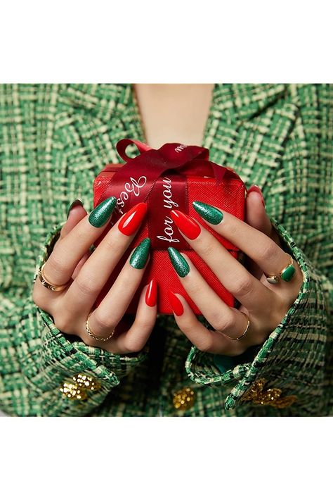 Modelones Christmas Press on Nails, Medium Almond Nails Tips Red Green Glitter Fake Nails Reusable Nail Kit with Nail Glue Nail Adhesive Tabs and Mini File Christmas Gifts for Women 24 Pcs 12 Sizes New Year Nail Polish, Green And Red Nails Christmas, Christmas Lifestyle Photography, Pre Christmas Nails, Green And Red Nails, Red And Green Nails, Nails Photoshoot, Nail Xmas, Medium Almond Nails