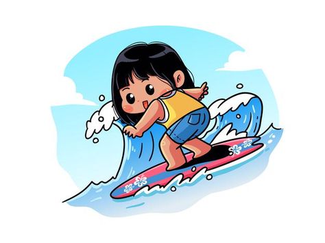 Bright Illustration, Surfer Baby, Beach Cartoon, Kawaii Summer, Sea Illustration, Sports Girl, Wave Illustration, Cute Watermelon, Cute Pineapple