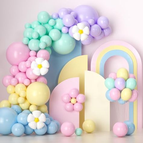 Pastel Party Decorations, Rainbow Balloon Arch, Baby Shower Balloon Arch, Ballon Party, Pastel Birthday, Girls Party Decorations, Pastel Party, Pastel Balloons, Easter Party Decor