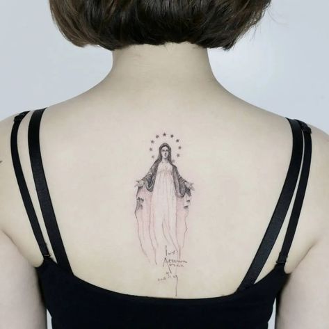 Virgin Mary Back Tattoo, Mary Back Tattoo, Mother Mary Tattoos, Catholic Tattoos, Virgin Mary Tattoo, Mary Tattoo, Tattoo Spots, Neck Tattoo For Guys, Religious Tattoos