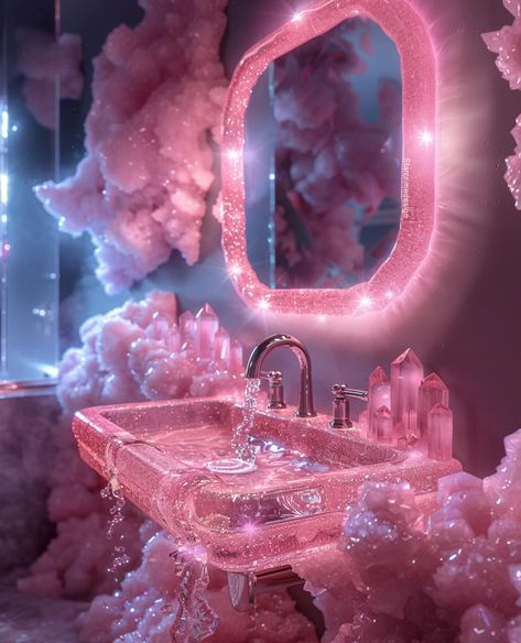 Fantasy Bathroom, Pink Apartment Decor, Glitter Bathroom, Beautiful Dorm Room, Crystal Bathroom, Crystal Mirror, Bathroom Stuff, Nostalgic Pictures, Dream Apartment Decor