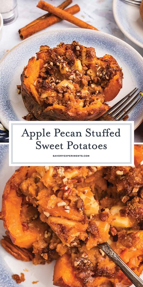 These Apple Spiced Stuffed Sweet Potatoes are are piled high with a luscious cinnamon apple filling that has crunchy pecans and bright lemon! Baked Sweet Potato Stuffed, Sweet Potatoes And Pecans, Apple And Sweet Potato Recipes, Apple Sweet Potato Bake, Sweet Potato Apple Recipes, Unique Sweet Potato Recipes, Stuffed Sweet Potatoes Recipes, Recipes Using Sweet Potatoes, Pecan Sweet Potatoes