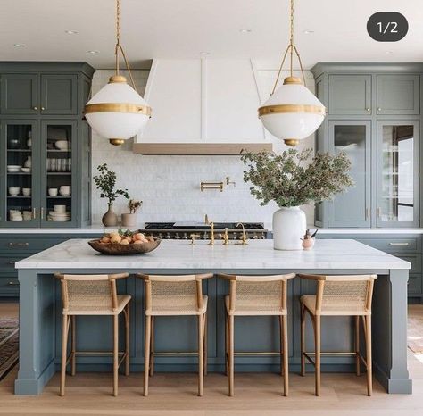 Blue Green Kitchen, Backsplash Trends, Moody Kitchen, Blue Cabinets, Kitchen Tile, Kitchen Trends, Kitchen Diner, Green Kitchen, Counter Tops