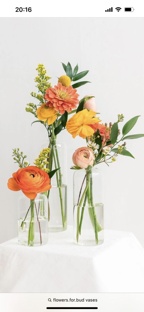 Bud Vases Wedding, Bud Vases Arrangements, Bud Vase Centerpiece, Wildflower Centerpieces, Bud Vases Flowers, Colorful Centerpieces, Glass Bud Vases, Simple Centerpieces, Wedding Vases