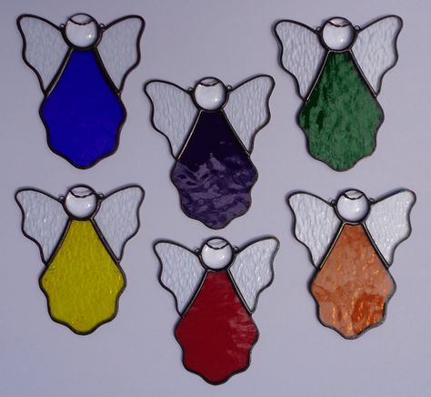 "Stained Glass Mini Angel Ornaments Suncatchers, Choice of colors If you buy three or more sent to the same address I will refund shipping (free shipping). These sweet little angels are perfect on a Christmas tree; gift package; hanging in a window; or a way to say \"I am thinking of you\". All have clear cabachons for the head, with twisted wire halos. The wings are clear textured glass. Each comes with a nylon line for hanging, ready for gift giving. They are approx. 4 1/2\" H x 3 1/2\" wide." Easy Stained Glass Christmas Ornaments, Small Stained Glass Ideas, Christmas Stained Glass Ideas, Stained Glass Christmas Ornaments, Etching Diy, Glass Angels, Fest Ideas, Diy Stained Glass Window, Mini Angel