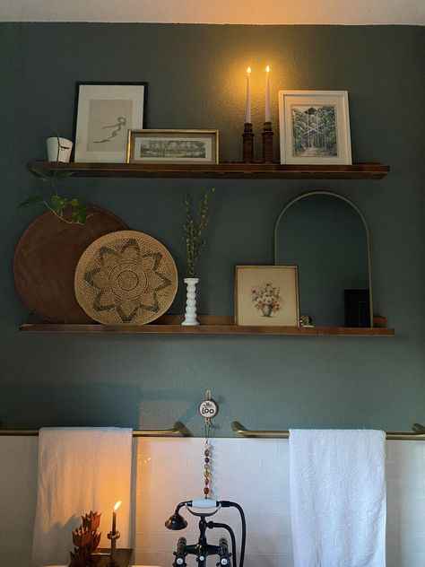 Floating Shelves With Artwork, Picture Ledge Shelf Decor, Picture Shelf Kitchen, Bathroom Floor Shelf Decor, Small Ledge Decor, Kitchen Picture Ledge, Picture Ledge In Bathroom, Styling A Picture Ledge, Dining Room Picture Ledge