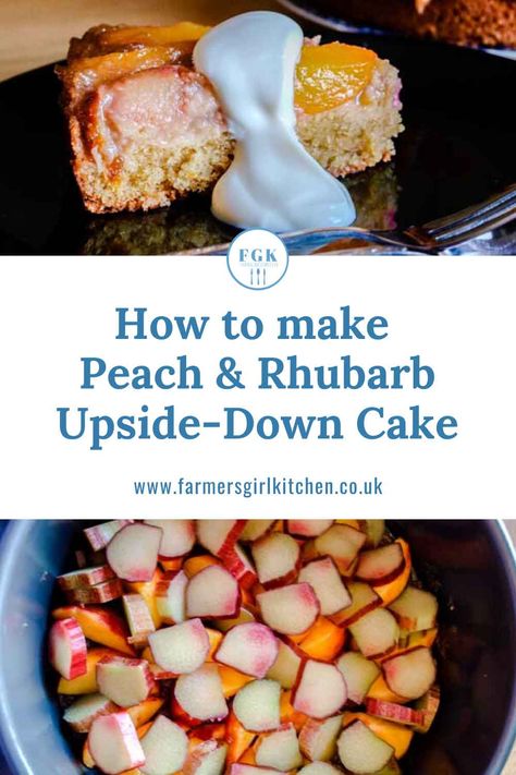 Peach and Rhubarb Upside Down Cake is the perfect late summer dessert, It’s easy to make and the combination of sweet peaches and tart rhubarb is brought together with a light sponge cake.  Serve with cream, Greek Yogurt or crème fraiche #rhubarb #peach #easy #dessert #cake #recipe Rhubarb Dump Cake, Rhubarb Upside Down Cake, Brown Sugar Cakes, Great British Food, Peach Cake, Rhubarb Recipes, Pineapple Upside Down Cake, Pineapple Upside Down, Peach Recipe