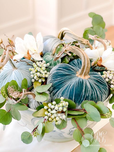 Velvet Pumpkin + Magnolia Fall Centerpiece Tutorial - Randi Garrett Design Centerpiece Tutorial, Blue Fall Decor, Fall Tabletop Decor, Coastal Fall, Fall Mantle, Fall Floral Arrangements, Winter Decorations, Fall Arrangements, Fall Thanksgiving Decor