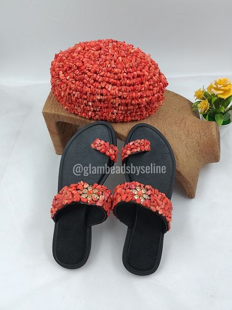 Traditional wedding accessories fit for event or ceremony. Made from original coral chips Traditional Wedding Accessories, Beaded Slippers, Traditional Marriage, Milk Makeup, Coral Beads, Bead Caps, Traditional Wedding, Wedding Accessories, Slip On Sandal