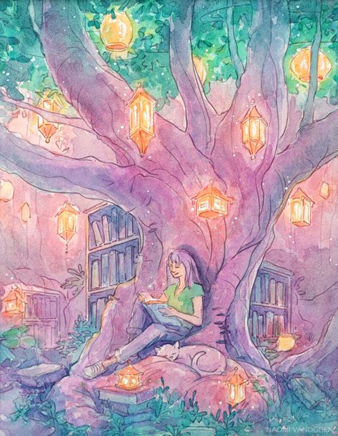 Lantern-Tree-Naomi-VanDoren-FullCrop-Web1080 Lantern Tree, Magical Illustration, Drawing Tree, Pastel Sunset, Arches Watercolor Paper, Floating Lights, Painting Inspo, Pretty Drawings, Tree Drawing