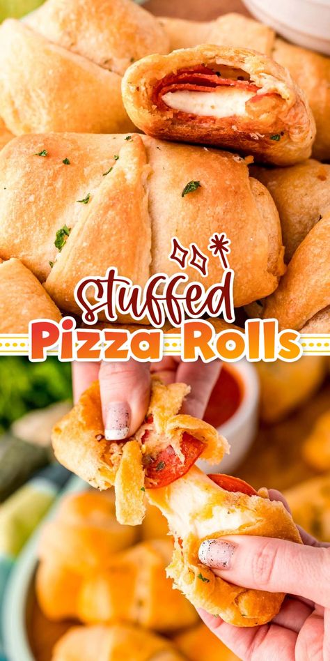 Stuffed Pizza Rolls are packed with mozzarella cheese sticks and pepperoni, then wrapped in a flaky crescent roll! Serve these handheld Pizza Rolls with your favorite pizza sauce and watch as they quickly fly off the plate!  via @sugarandsoulco Wv Pepperoni Rolls Recipe, Stuffed Pizza Rolls, Cheesy Pepperoni Pizza Sticks, Pepperoni Rolls Recipe, Pizza Dippers, Pie Crust Pizza, Stuffed Rolls, Appetizer Wraps, Crescent Roll Appetizers