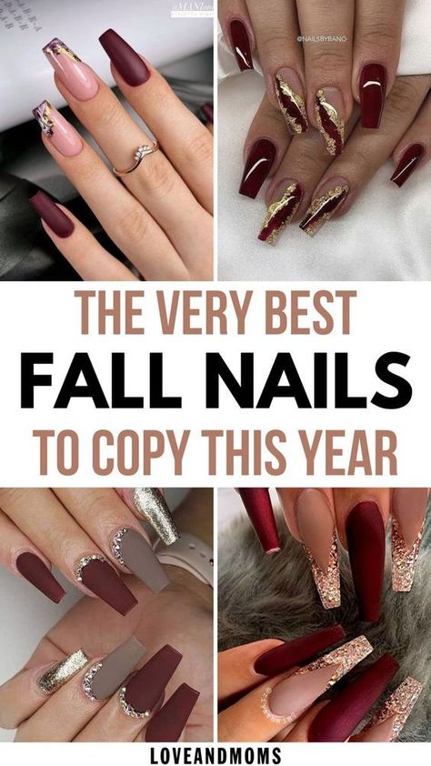 Fall Nails Opi, Aesthetic Nail Ideas, Best Fall Nails, Cute Fall Nails, Fall Almond Nails, Burgundy Acrylic Nails, Burgundy Nail Designs, Brown Nail Art, Red Nails Glitter