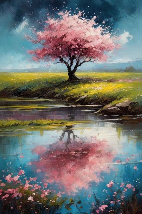 Sakura Painting, Cherry Blossom Wall Art, Beautiful Landscape Paintings, Cherry Blossom Painting, Digital Art Poster, Tree Stands, Sakura Tree, Tree Artwork, Canvas Drawings