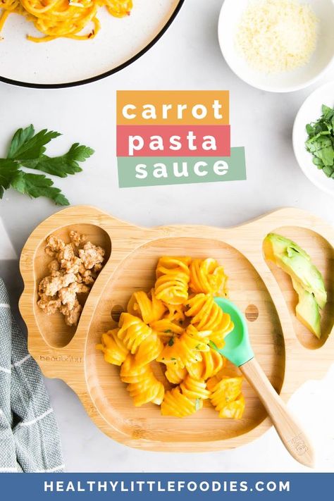 Looking for a healthy and delicious pasta sauce that your little ones will love> Try this easy and nutritious carrot pasta sauce recipe! Made with fresh carrots, it's naturally sweet and packed with vitamins and minerals. The smooth texture is perfect for babies, toddlers, and pick eaters, making it a great way to add veggies into their diet. Give it a try and watch your kids enjoy a tasty and nutritious meal. Carrot Tomato Sauce, Blw Pasta Sauce, Pasta For Toddlers, Carrot Pasta Sauce, Baby Pasta, Carrot Pasta, Blw Recipes, Baby Recipe, Kids Pasta