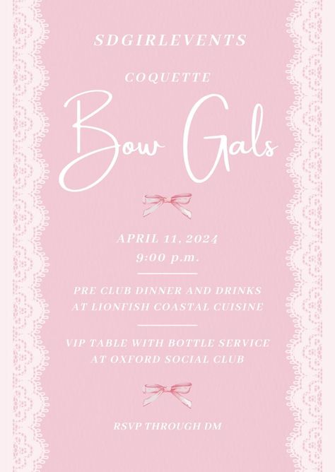 Bow Gals Coquette Invitation Flyer, Coquette themed party invitation, Coquette themed dinner, @sdgirlevents on Instagram, Canva tips, Canva flyer, Canva invitation #canva #coquette #flyer #invitation Pajama Party Flyer, Bday Invite Template, Coquette Invitation, Grey Food, Flyers Ideas, Canva Flyer, Themed Dinner, Canva Tips, Bday Invitations