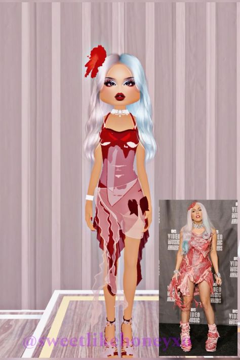 Lady Gaga Meat Dress Dress To Impress, Lady Gaga Dress To Impress, Dti Celebrity Fit, Dress To Impress Celebrity, Dti Celebrity, Lady Gaga Meat, Lady Gaga Meat Dress, Vmas Dress, Lady Gaga Dresses