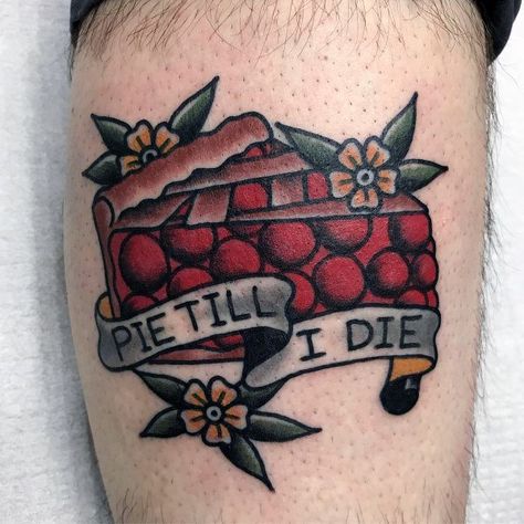 50 Pie Tattoo Ideas For Men - Baked Dish Designs Lemon Meringue Pie Tattoo, Baking Tattoo Sleeve, Traditional Pie Tattoo, Pastry Tattoo Ideas, Funny Food Tattoos, Thanksgiving Tattoo Ideas, Pie Tattoo Ideas, Apple Pie Tattoo, Pie Tattoo Simple