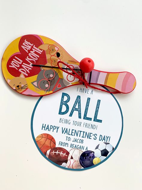 Easy Printable Class Valentines - A Touch of LA Candy Free Valentines, Printable Sports, Paddle Ball, Class Valentines, Bouncy Ball, Printable Valentines, Boy Diy, Valentine's Day Party, Valentines Day Food