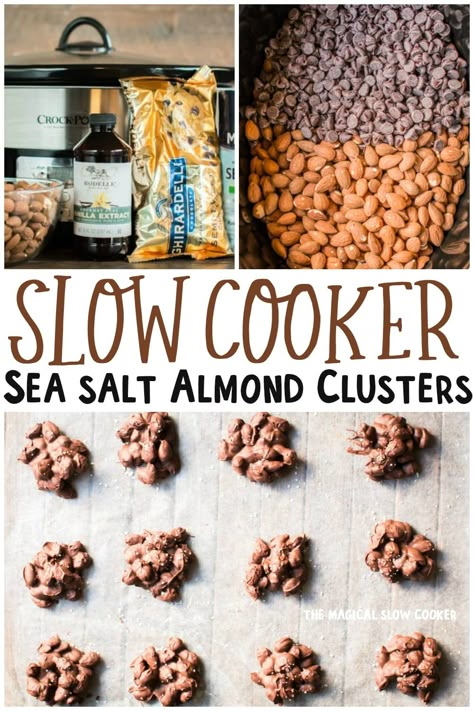 Slow Cooker Sea Salt Chocolate Almond Clusters Crockpot Almond Clusters, Crock Pot Nut Clusters, Crock Pot Almonds, Crock Pot Chocolate Peanut Clusters, Slow Cooker Almonds, Chocolate Almond Clusters, Candies Recipes, Chocolate Board, Almond Clusters