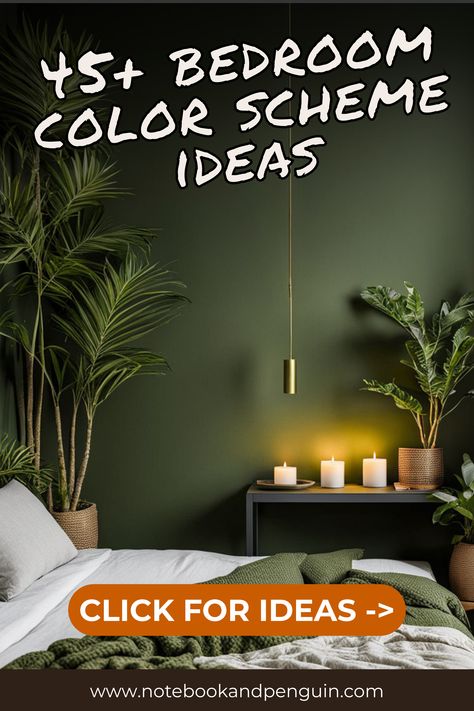 Stuck in a decorating rut? Need some inspiration for your bedroom makeover? Look no further Our collection of 45+ bedroom color combination ideas will help you create a unique and cozy space that's all your own. From monochromatic to bold and bright, we've got the perfect color combos to get you started. #BedroomColorCombinationIdeas #DecoratingInspiration #BedroomMakeover #ColorCombos Olive Green Rooms Ideas, Green Bedrooms Color Schemes, Dark Green Bedroom Ideas Colour Schemes, Green Color Palette Bedroom, Peaceful Bedroom Ideas, Olive Green Rooms, Green Bedroom Colors, Bedroom Color Scheme Ideas, Bedroom Color Palette