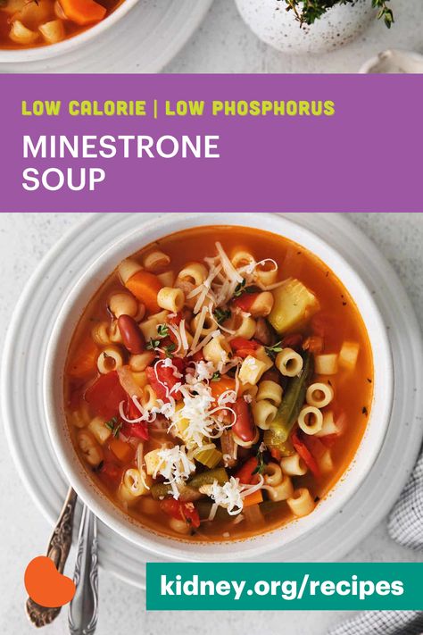 Minestrone Soup Soup With Zucchini, Sopa Minestrone, Ckd Diet, Low Potassium Recipes, Kidney Friendly Diet, Potassium Foods, Low Calorie Soup, Kidney Friendly Foods, Kidney Recipes