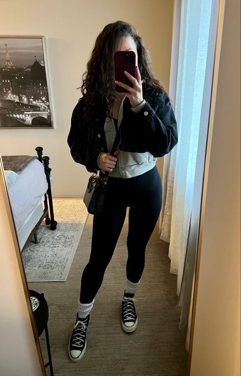 Legging And High Socks Outfit, Black Crop Jean Jacket Outfit, Womens Chuck Taylors Outfit, Leggings And Chucks Outfits, Scrunchie Socks Outfit, Leggings And Converse Outfit High Tops, Black Cropped Jean Jacket Outfit, Scrunchy Socks Outfit, Leggings And Jean Jacket Outfit