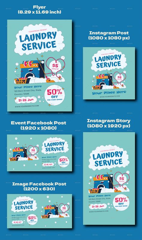 Blue Retro Laundry Service Flyer Set Service Advertisement Poster, Laundry Poster Design Ideas, Laundry Service Poster Design, Laundry Graphic Design, Laundry Services Flyer Design, Laundry Poster Design, Banner Laundry, Laundry Ads, Bujo Design