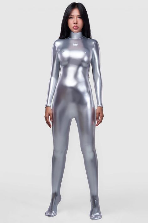 Silver Metallic Spandex Catsuit Lycra Zentai Bodysuit - Hiro Gato Hiro Gato, Turtleneck Leotard, Catsuit Outfit, Spandex Catsuit, Catsuit Bodysuit, Spandex Jumpsuit, Space Costumes, Zentai Suit, Rave Party