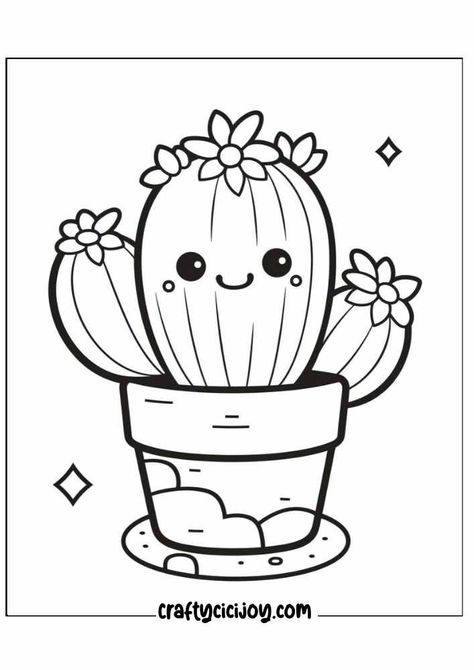 Cute Flower Pot Drawing, Flowers Cute Drawing, Cactus Coloring Page, Cute Kawaii Coloring Pages, Flower Coloring Pages For Kids, Cactus Drawing, Adorable Stickers, Cactus Illustration, Mermaid Coloring Pages