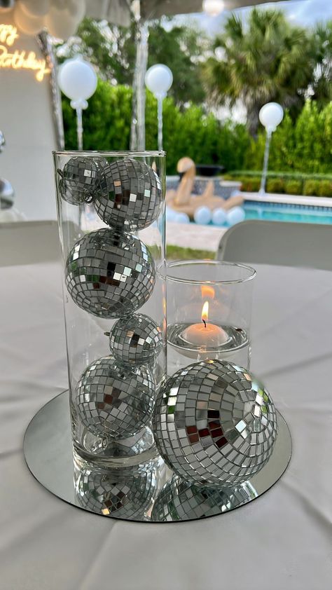 Make Your Day Disco Theme Decoration Ideas, Debut Centerpiece Ideas, Mirrorball Centerpiece, Disco Party Decorations Table, Disco Balloon Centerpiece, Disco Ball Theme Decor, Disco Treat Table, Nightclub Birthday Party, Disco Ball Table Decor Party Ideas