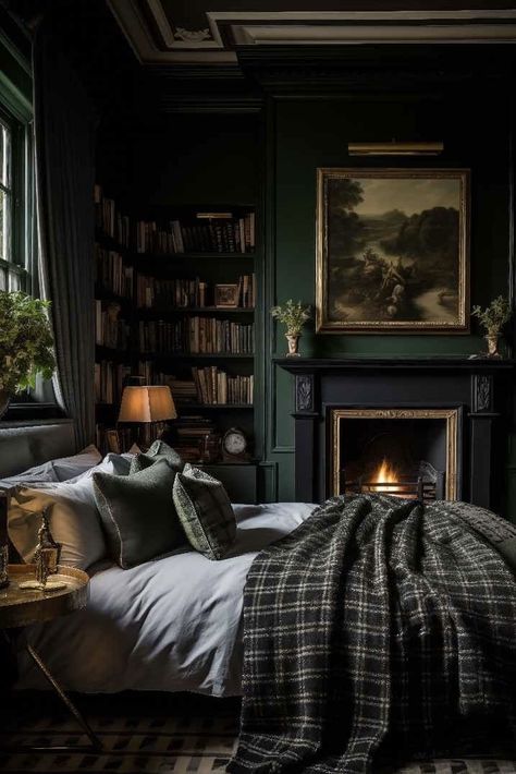 Slytherin Common Room Bedroom, Academia Bedroom Ideas, Dark Academia Aesthetic Bedroom, Cottages Modern, Slytherin Bedroom, Dark Academia Bedroom Ideas, Dark Academia Bedroom, Castle Interiors, Modern Mansions