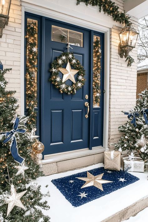 Decorated Front Porch, Christmas Front Porches, Christmas Front Porch Ideas, Christmas Arch, Old Bucket, Nutcracker Figures, Outdoor Christmas Decoration Ideas, Ivory Candles, Outdoor Decoration Ideas