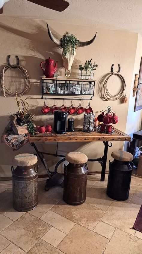 Western Farmhouse Living & Decor | my coffee bar.☕️🐂 | Facebook Western Coffee Table Decor, Western Coffee Bar, Themed Kitchen Ideas, Barndo Kitchen, Cowboy Kitchen, Vintage Country Decor, Western Decor Diy, Western Kitchen Decor, Western Farmhouse